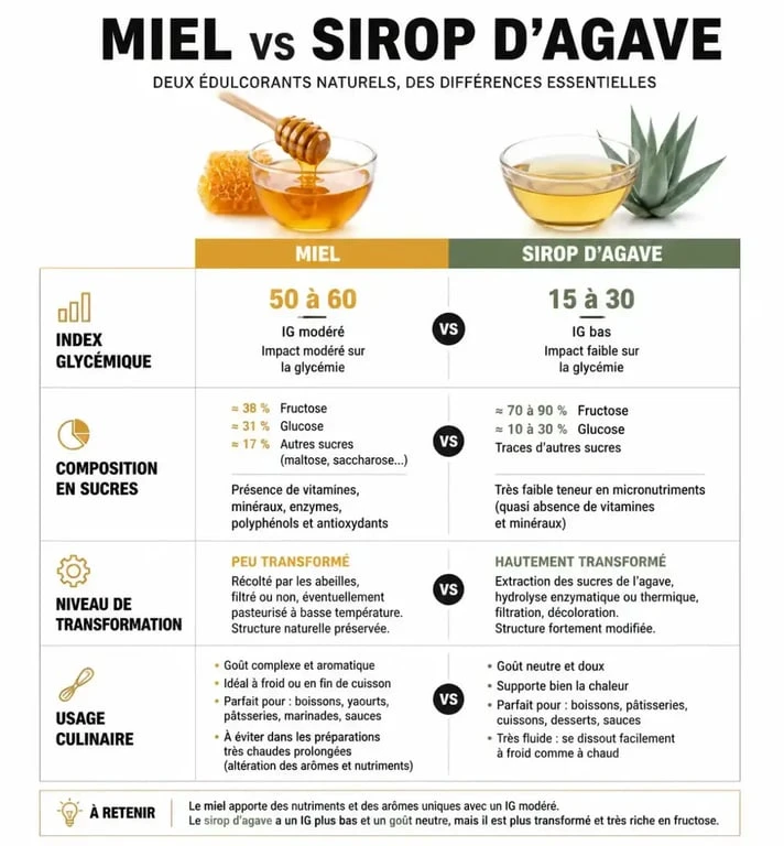 Infographie comparative nutritionnelle entre le miel et le sirop d'agave : index glycémique, transformation et usage.