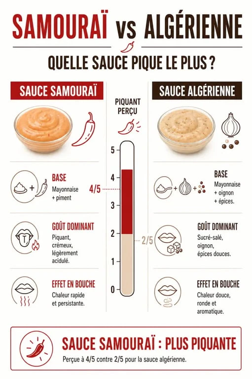 Sauce algérienne ou samouraï qui pique le plus : comparaison visuelle des niveaux de piquant