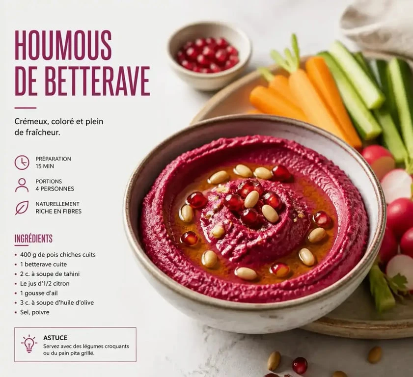 Bol de houmous de betterave fait maison avec garniture, idéal pour l'apéritif
