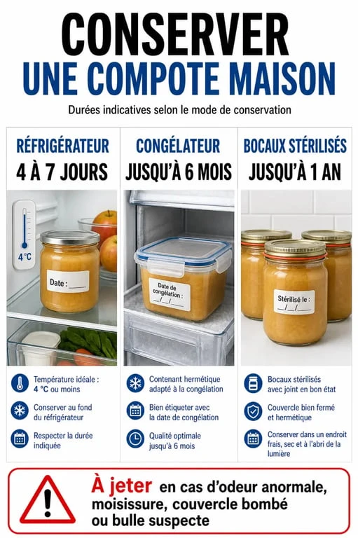 Compotes maison conservation : schéma visuel des durées au réfrigérateur, au congélateur et en bocaux stérilisés