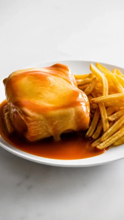 Cuisine portugaise avec une francesinha de Porto servie avec des frites