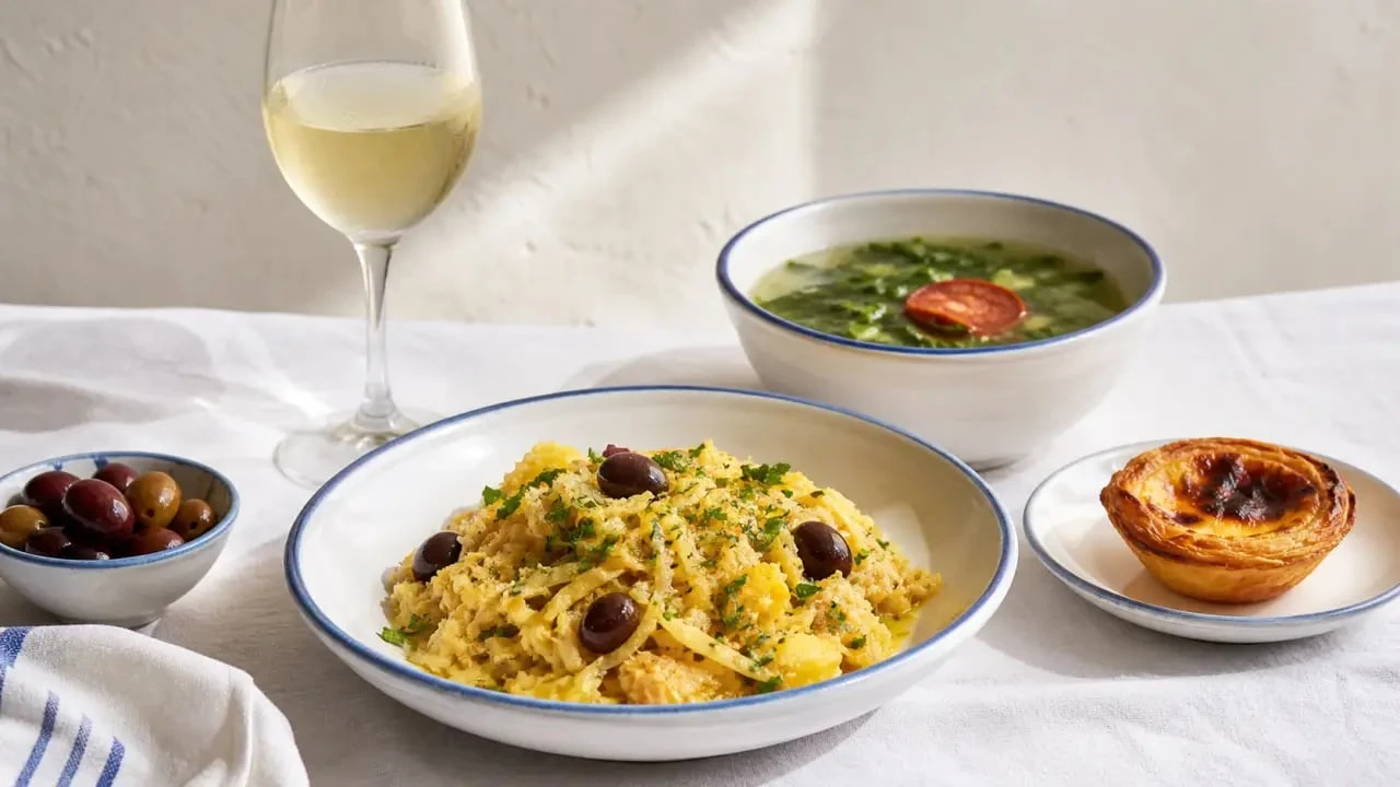 Cuisine portugaise avec bacalhau à Brás, caldo verde, pastel de nata et vinho verde sur une table portugaise