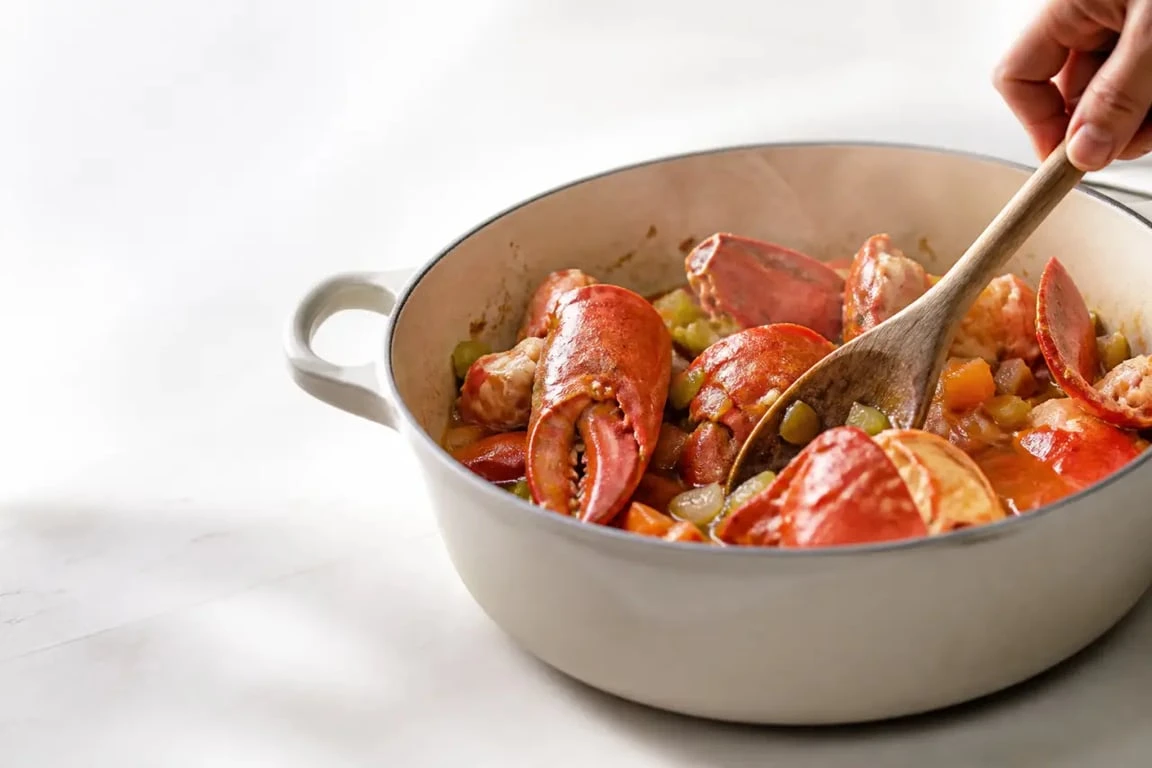 Recettes bisque : carapaces de homard dorées en cocotte avant le filtrage