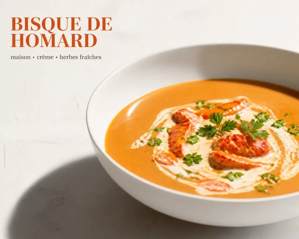Recettes bisque de homard maison servie en bol blanc avec crème et herbes