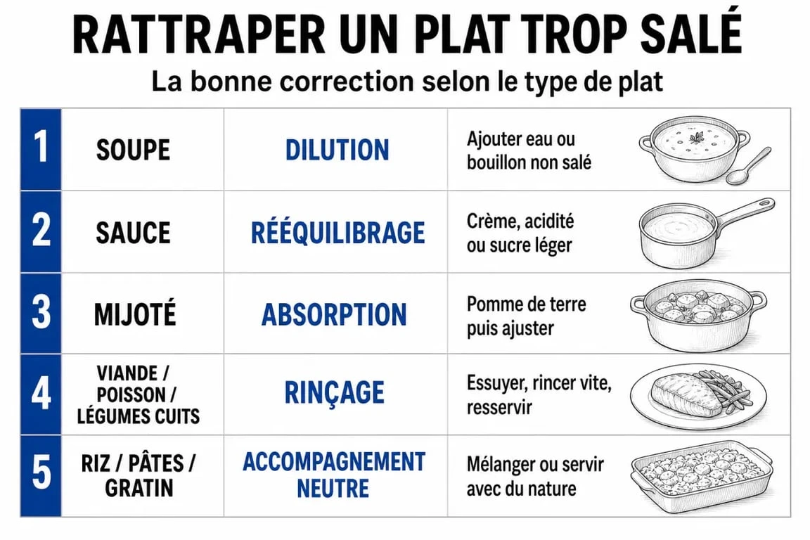 Comment rattraper un plat trop salé : schéma visuel des solutions selon le type de plat