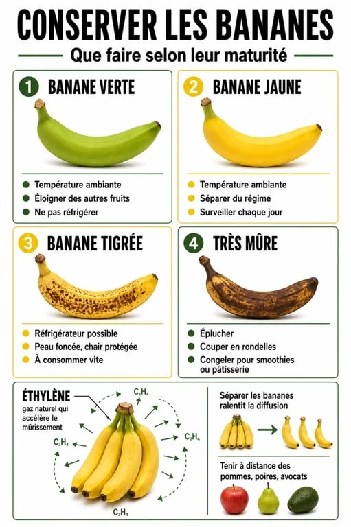 Comment conserver banane : infographie sur les méthodes selon l’état du fruit, du régime à la congélation