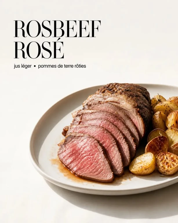Rosbeef cuisson rosé tranché sur plat de service