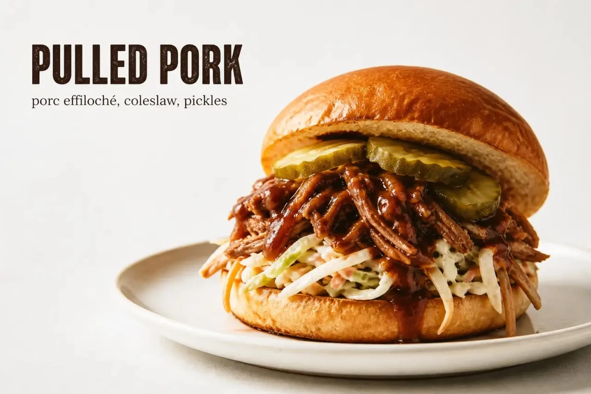 Recette pulled pork servie en bun avec coleslaw et pickles