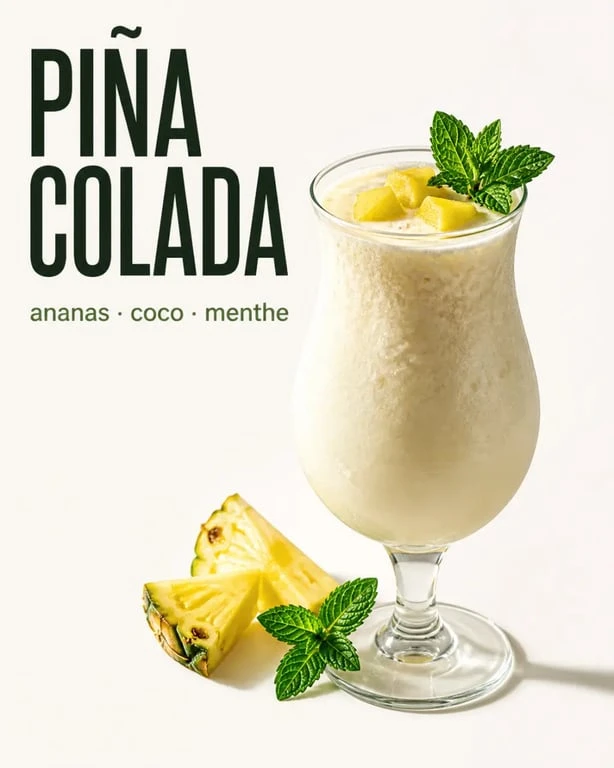 Recette pour pina colada servie dans un verre long drink avec ananas et menthe