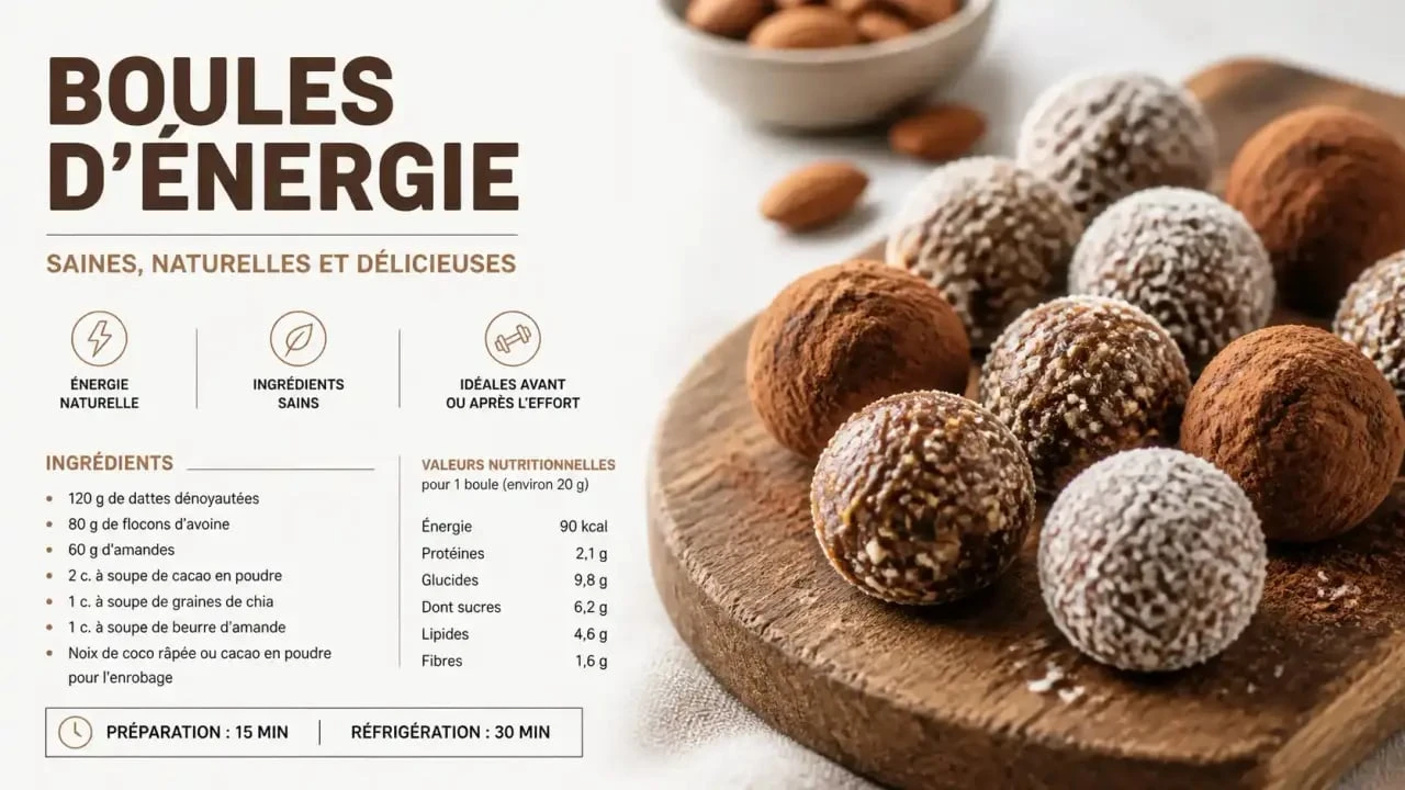 Assortiment d'energy balls maison sur une planche en bois, idéales pour une collation saine