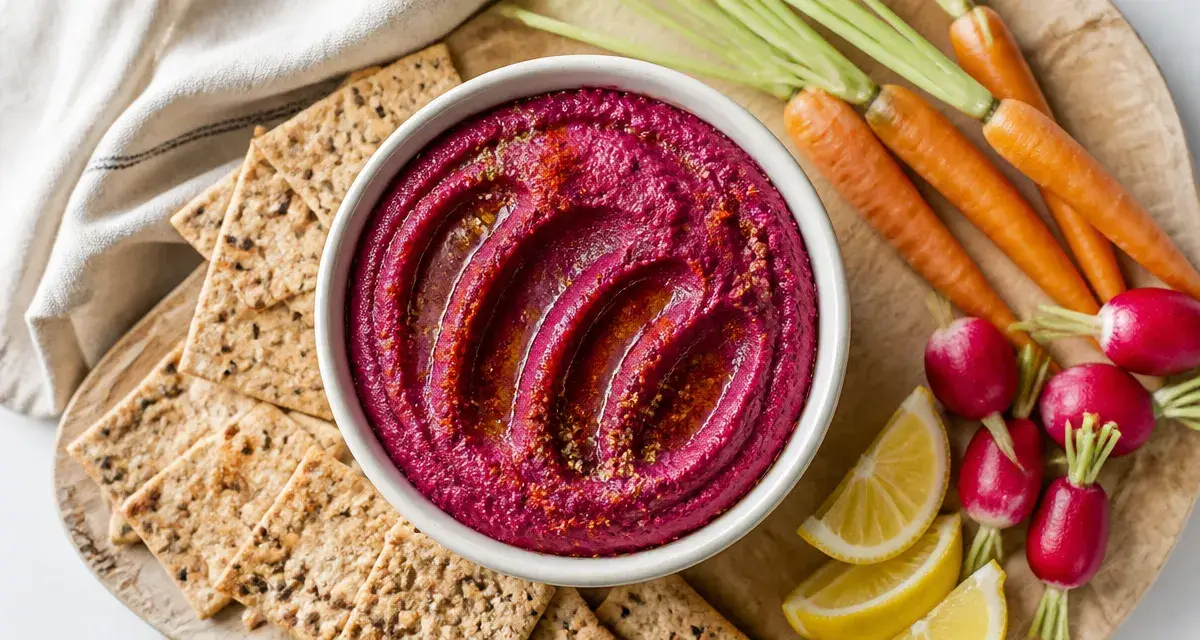 Houmous de betterave maison lisse au paprika et huile d’olive