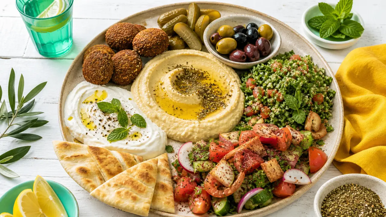 Mezzé libanais : plateau houmous, labneh et pain pita
