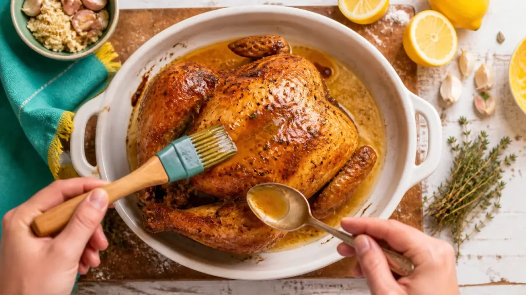 Poulet rotisserie au four : 210°C au départ, arrosage régulier et peau croustillante