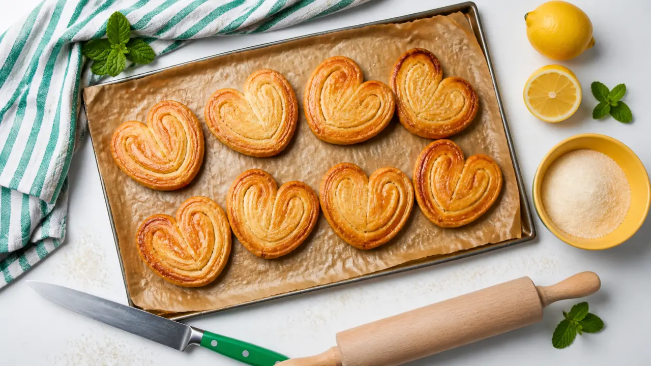 Recette palmier au sucre : palmiers feuilletés dorés sur plan blanc