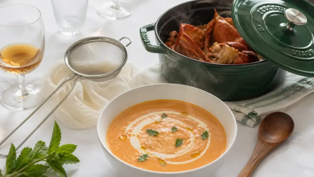 Bisque de homard maison : carcasses dorées, filtration fine et crème pour un velouté lisse