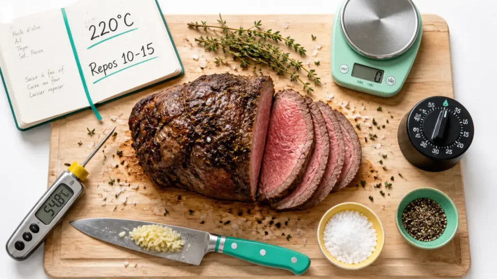 Rosbeef au four : 220°C, temps selon le poids et gestes pour garder le jus
