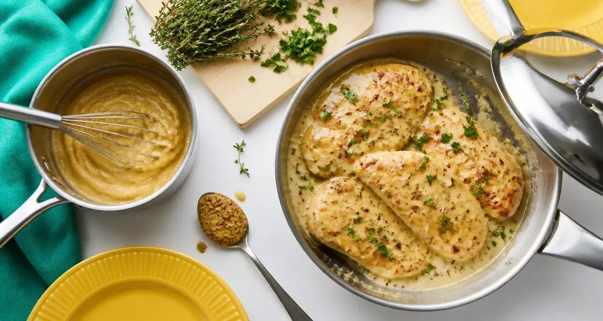 Sauce accompagnement pour poulet maison à la crème moutarde, poulet poêlé nappé