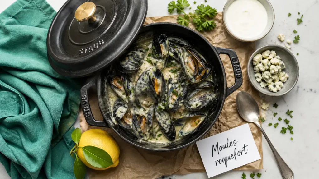 Sauce roquefort pour moules : feu doux, jus de cuisson, texture lisse