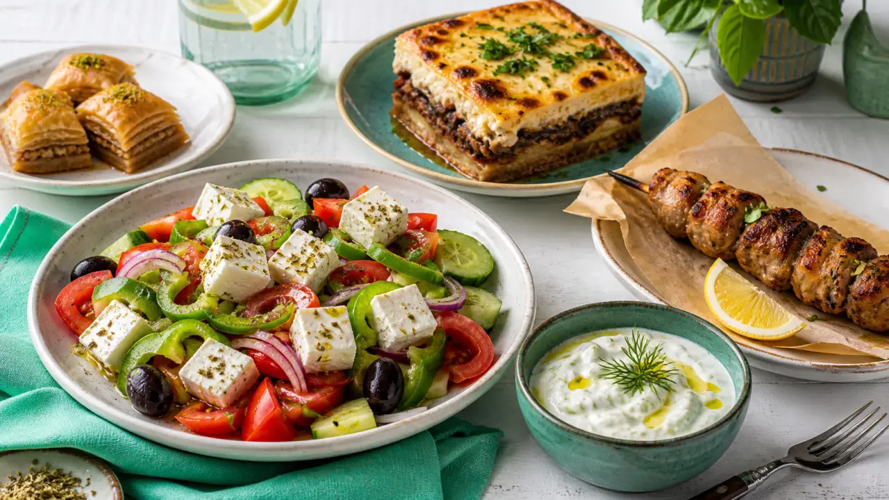 Spécialités grecques : mezzés frais, moussaka et baklava au miel