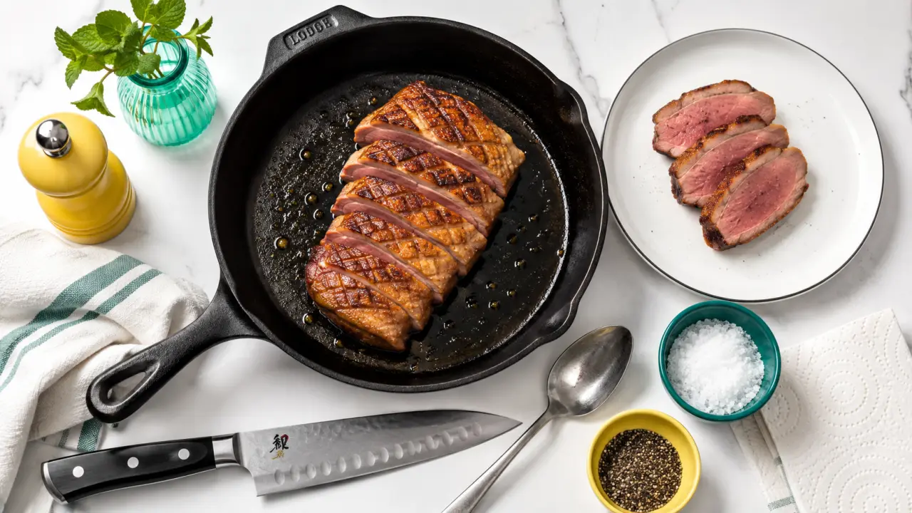 Cuire un magret de canard croustillant rosé, peau dorée en poêle