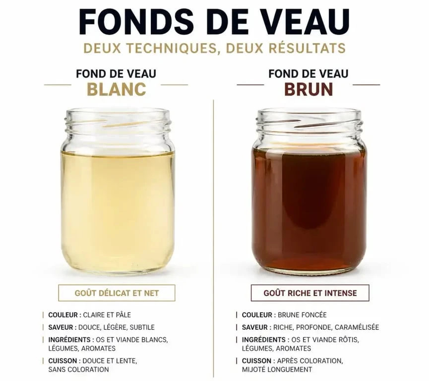 Comparaison visuelle entre un fond de veau blanc et un fond de veau brun