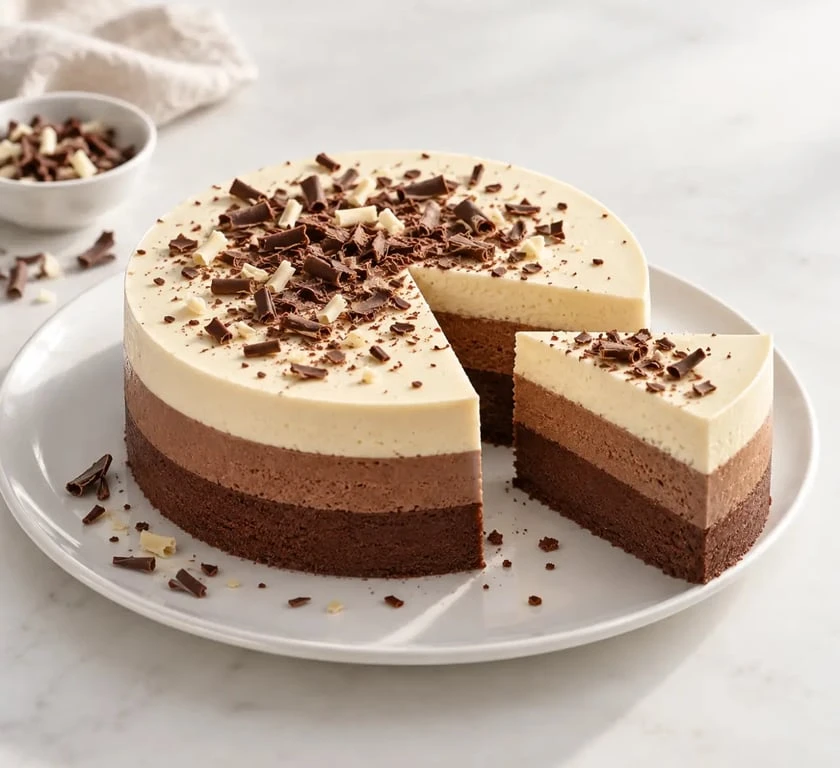 Gâteau 3 chocolat entremets aux trois couches de mousse démoulé et coupé