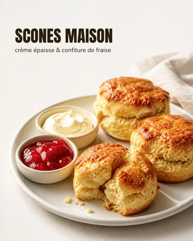 Recette scones anglais dorés servis avec crème et confiture