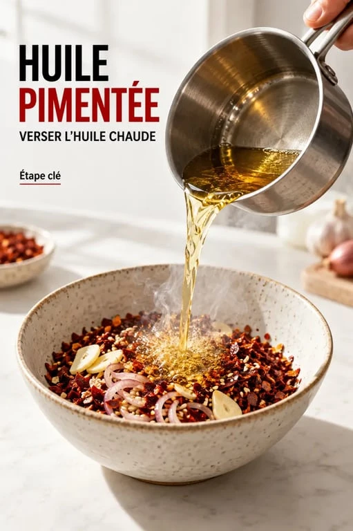 Préparation d’une huile pimentée avec huile chaude, ail, échalotes et flocons de piment