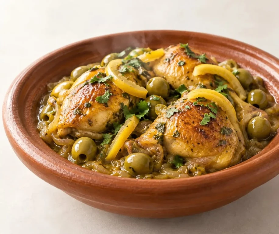 Tajine au poulet citron avec olives vertes et citrons confits
