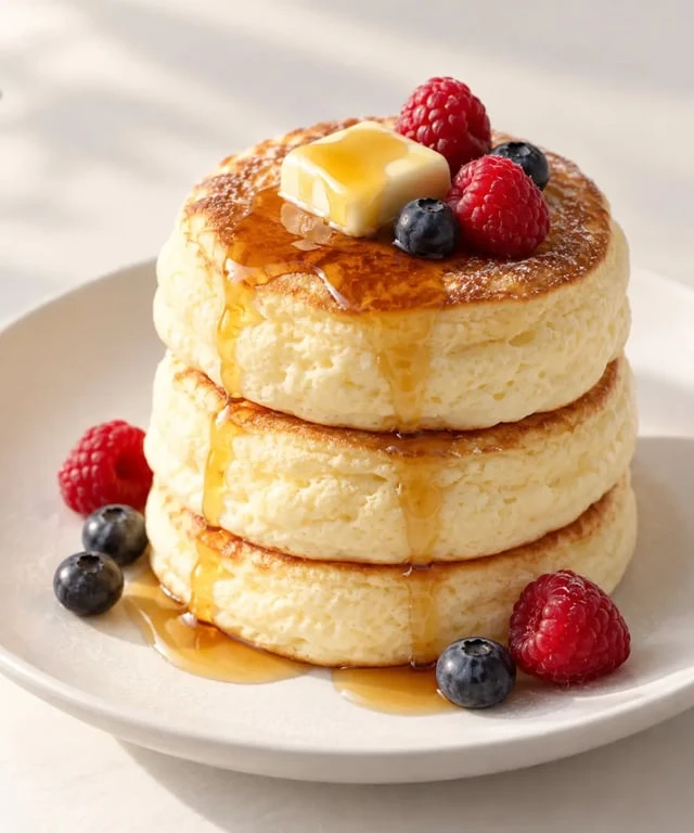 Recette fluffy pancakes épais, moelleux et servis avec du sirop d’érable