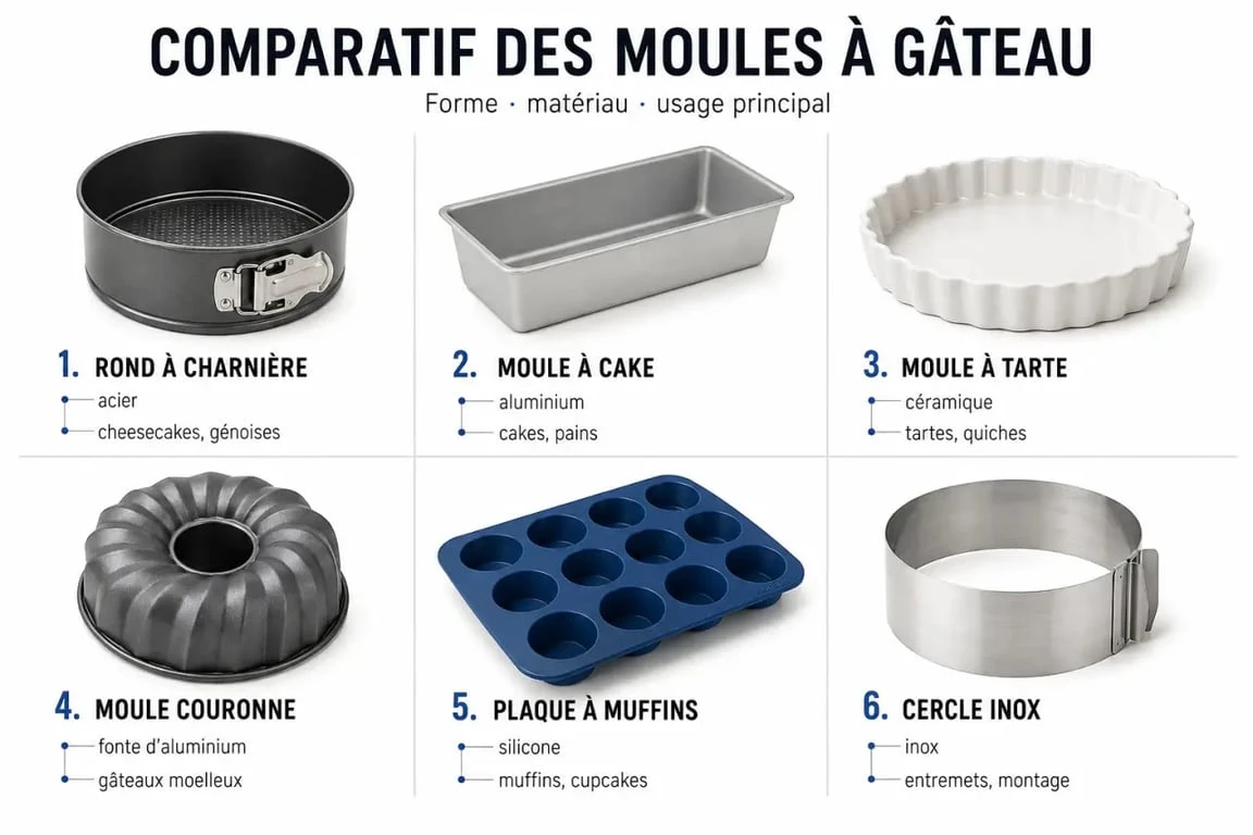 Comparatif visuel des moules pour gateau avec formes, matériaux et usages
