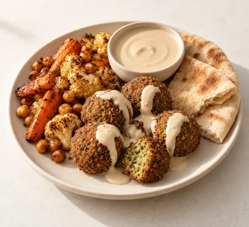 Sauce tahini crémeuse servie avec falafels, légumes rôtis et pain pita