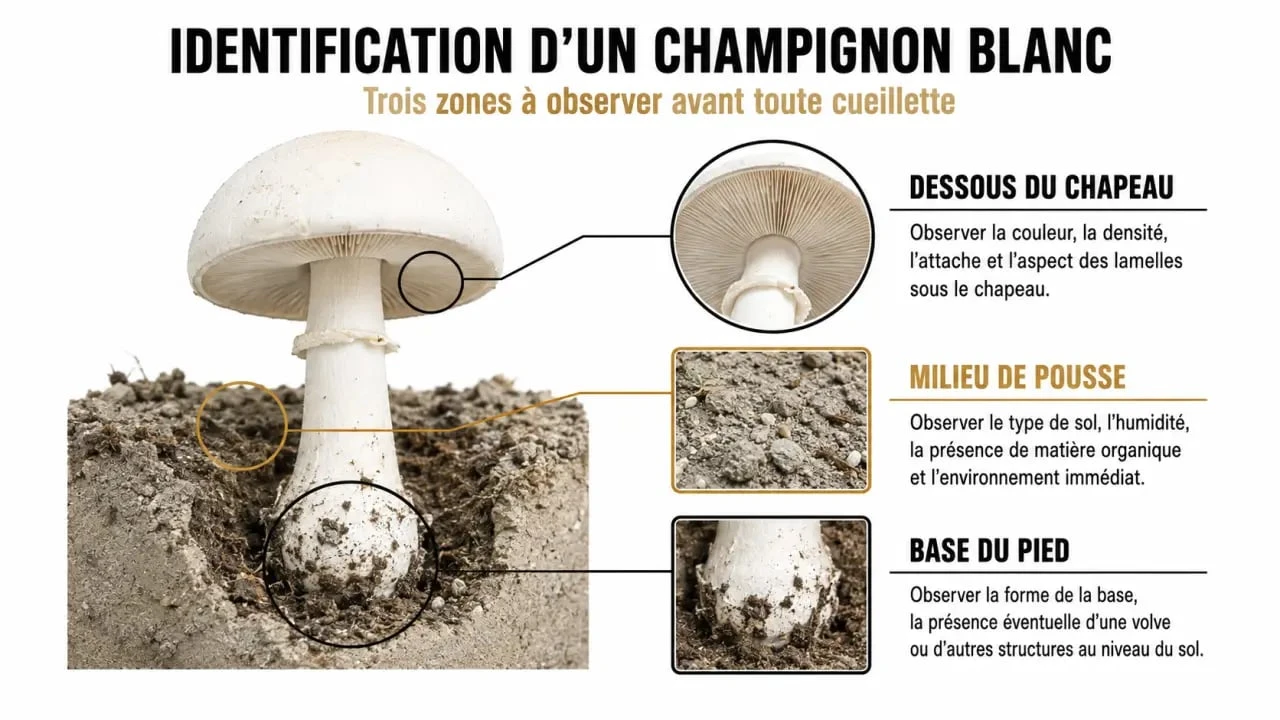 Champignon blanc comestible : critères à vérifier sous le chapeau, au pied et dans le milieu de pousse