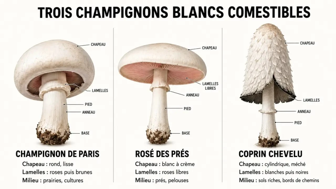 Champignon blanc comestible : comparaison visuelle du champignon de Paris, du rosé des prés et du coprin chevelu