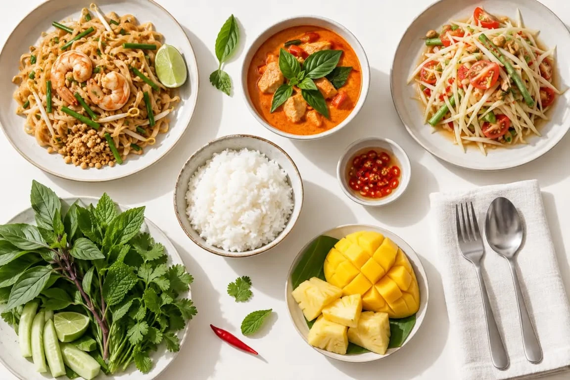 Repas de nourriture en Thaïlande partagé dans un marché de rue