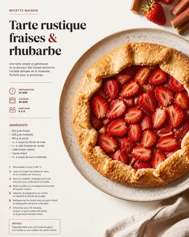 Tarte rustique rhubarbe et fraises, fruit de saison avril