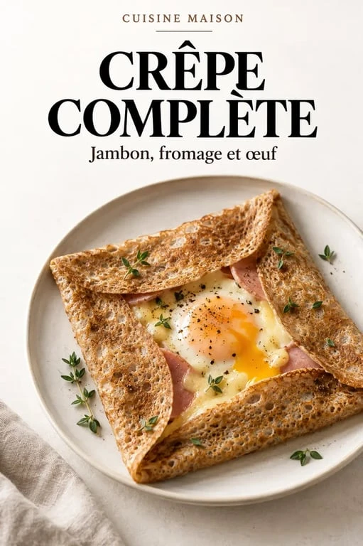 Crêpe salé maison au jambon, fromage et œuf sur une assiette