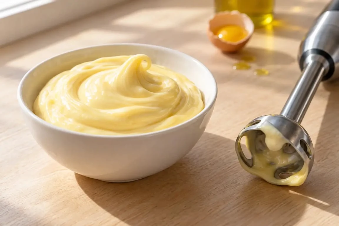 Comment rattraper une mayonnaise au mixeur : bol de mayonnaise lisse et brillante réussie