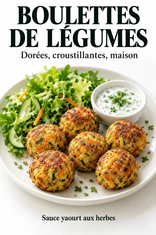 Boulettes de légumes dorées au four servies avec salade et sauce aux herbes