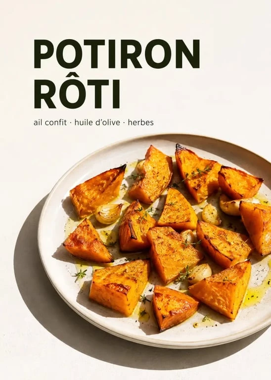 Potiron au four recette : potiron rôti doré aux herbes et à l’ail sur assiette claire
