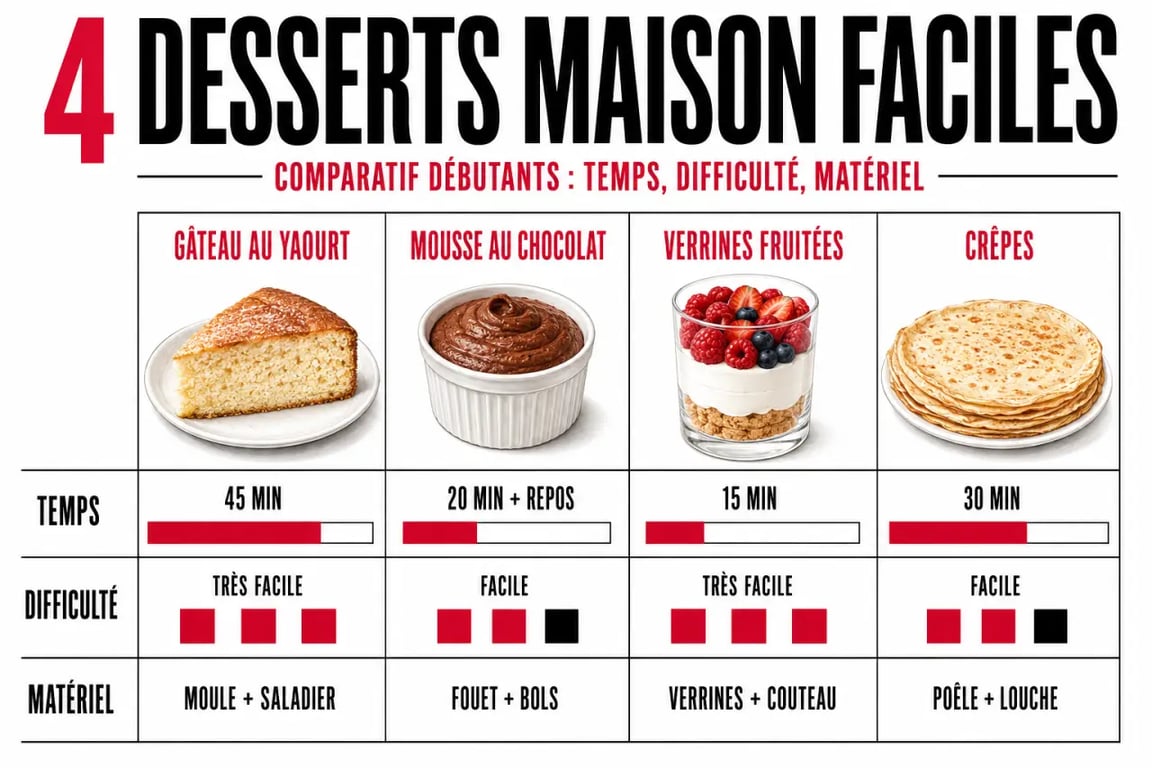 Comment réussir facilement ses desserts maison pour les débutants : comparaison de desserts simples par temps, difficulté et matériel