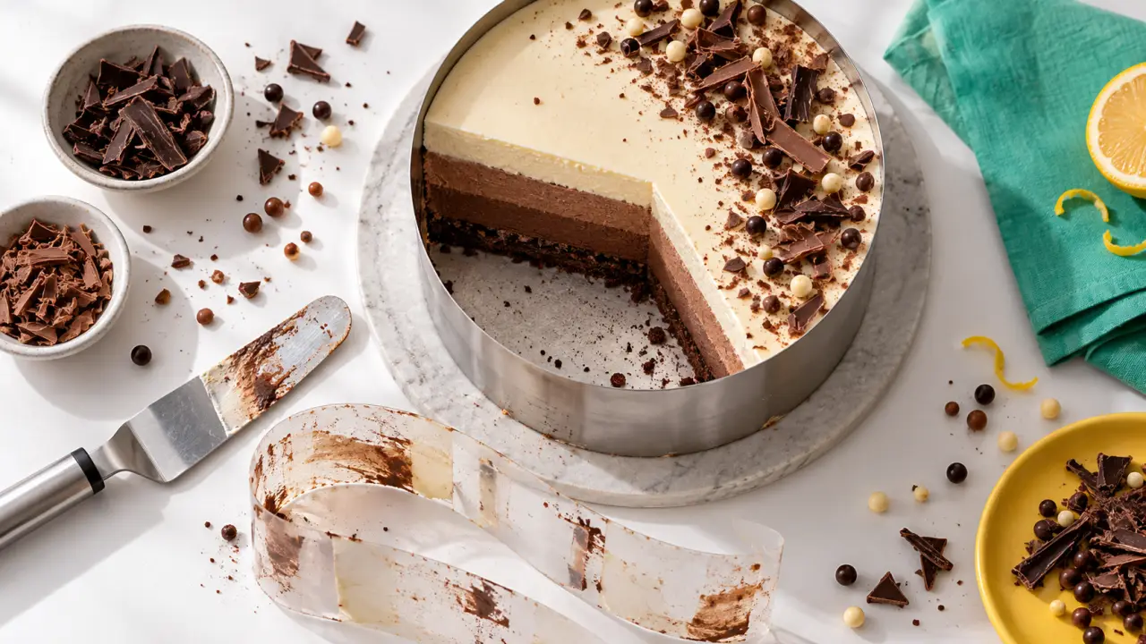 Gâteau 3 chocolat en trois couches nettes, coupe noir lait blanc