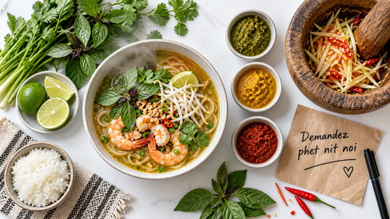 Nourriture en thailande : nouilles fumantes, curry vert, herbes fraîches