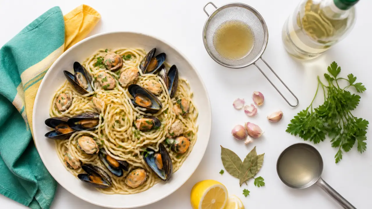Pâtes moules avec jus filtré pour sauce marine
