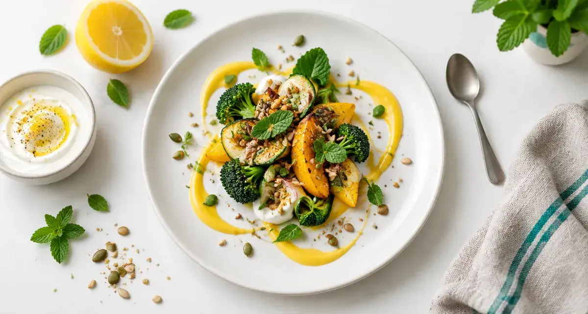 Cuisine créative : assiette improvisée aux restes, coulis citron, herbes fraîches