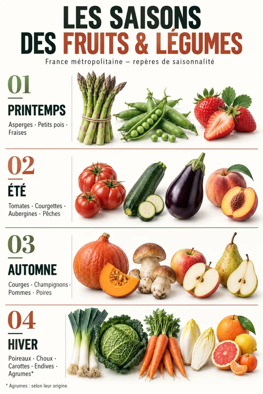 Infographie des idées recettes de saison avec les fruits et légumes disponibles au printemps, en été, en automne et en hiver