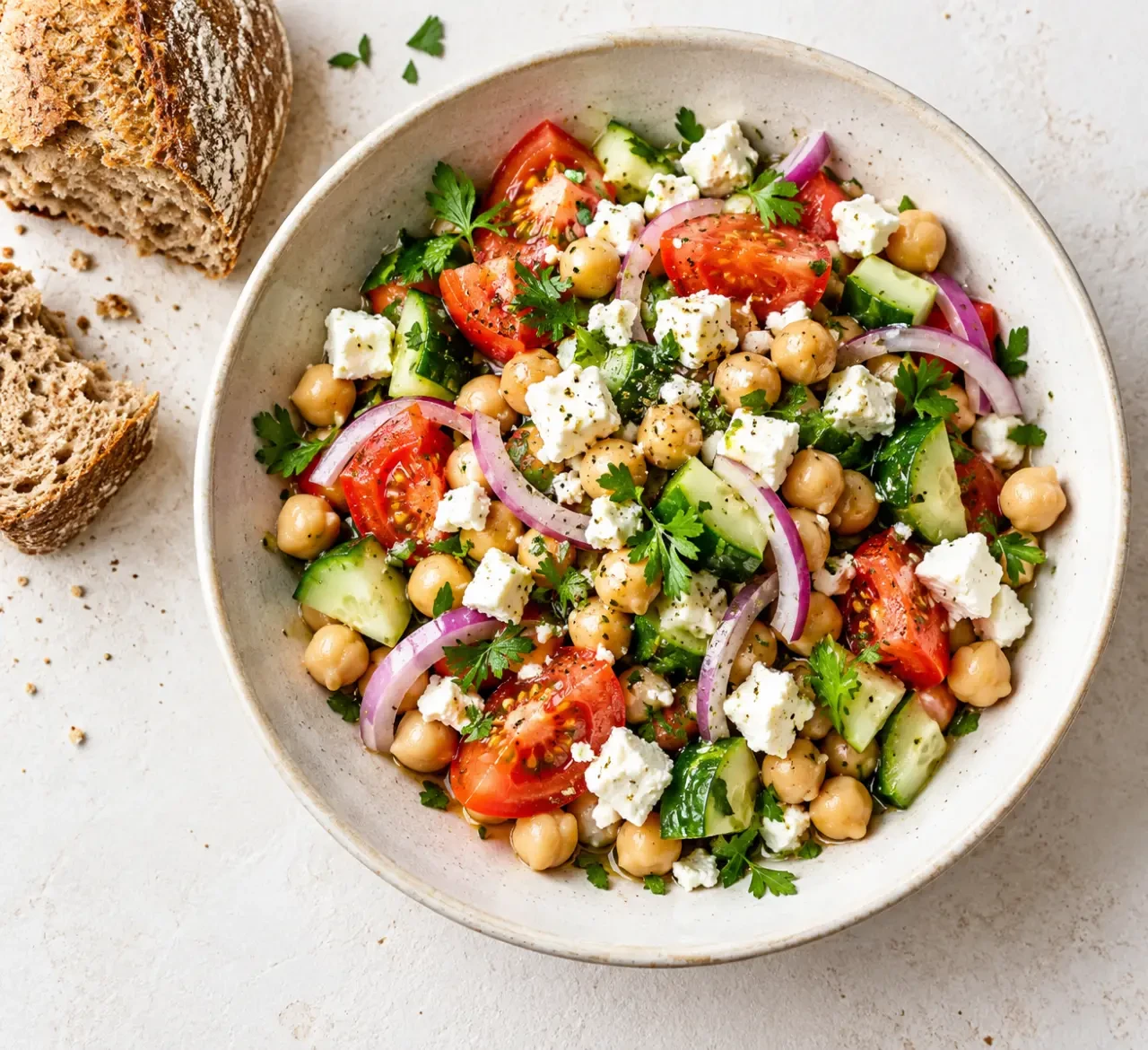 Idées recettes froides : salade de pois chiches, tomates, concombre et feta