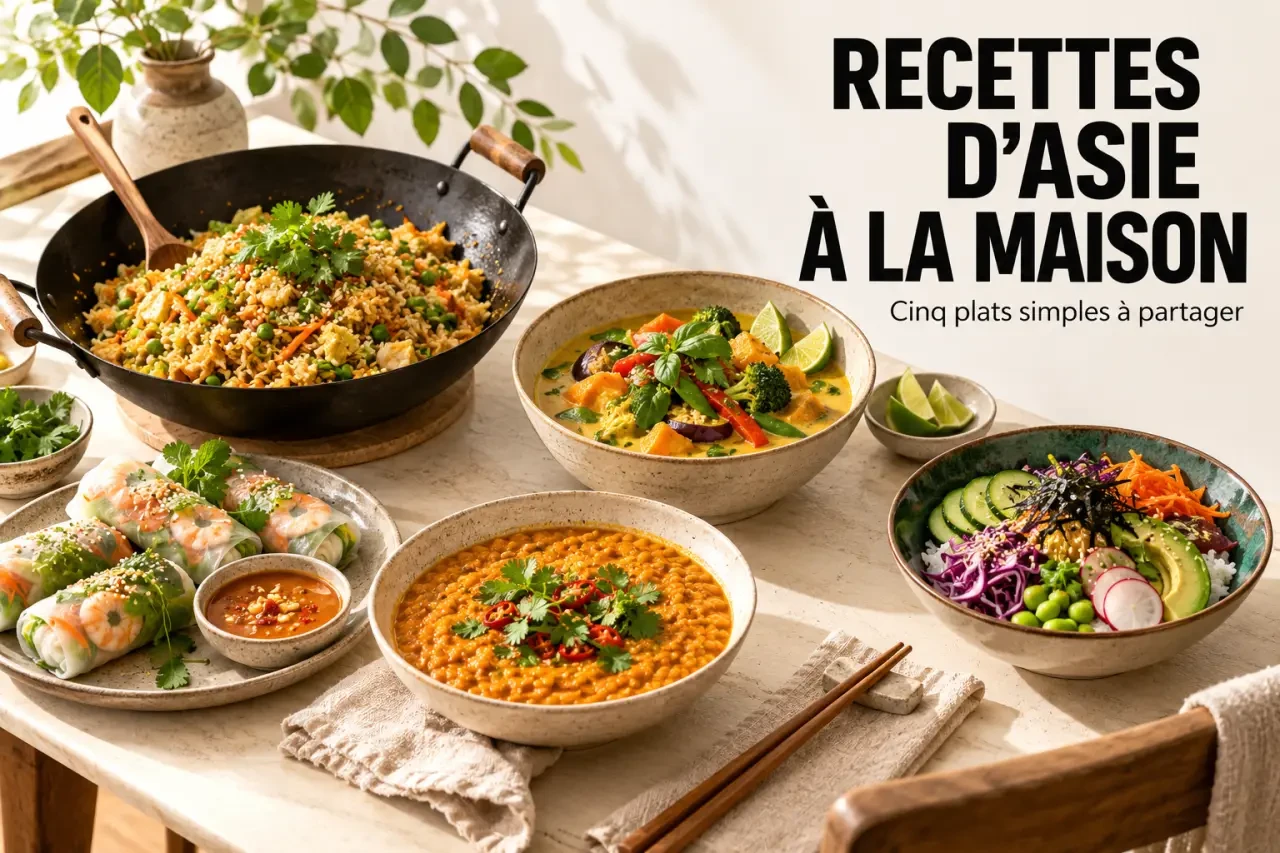 Idées de recettes asiatiques avec riz sauté, curry, rouleaux de printemps et chirashi