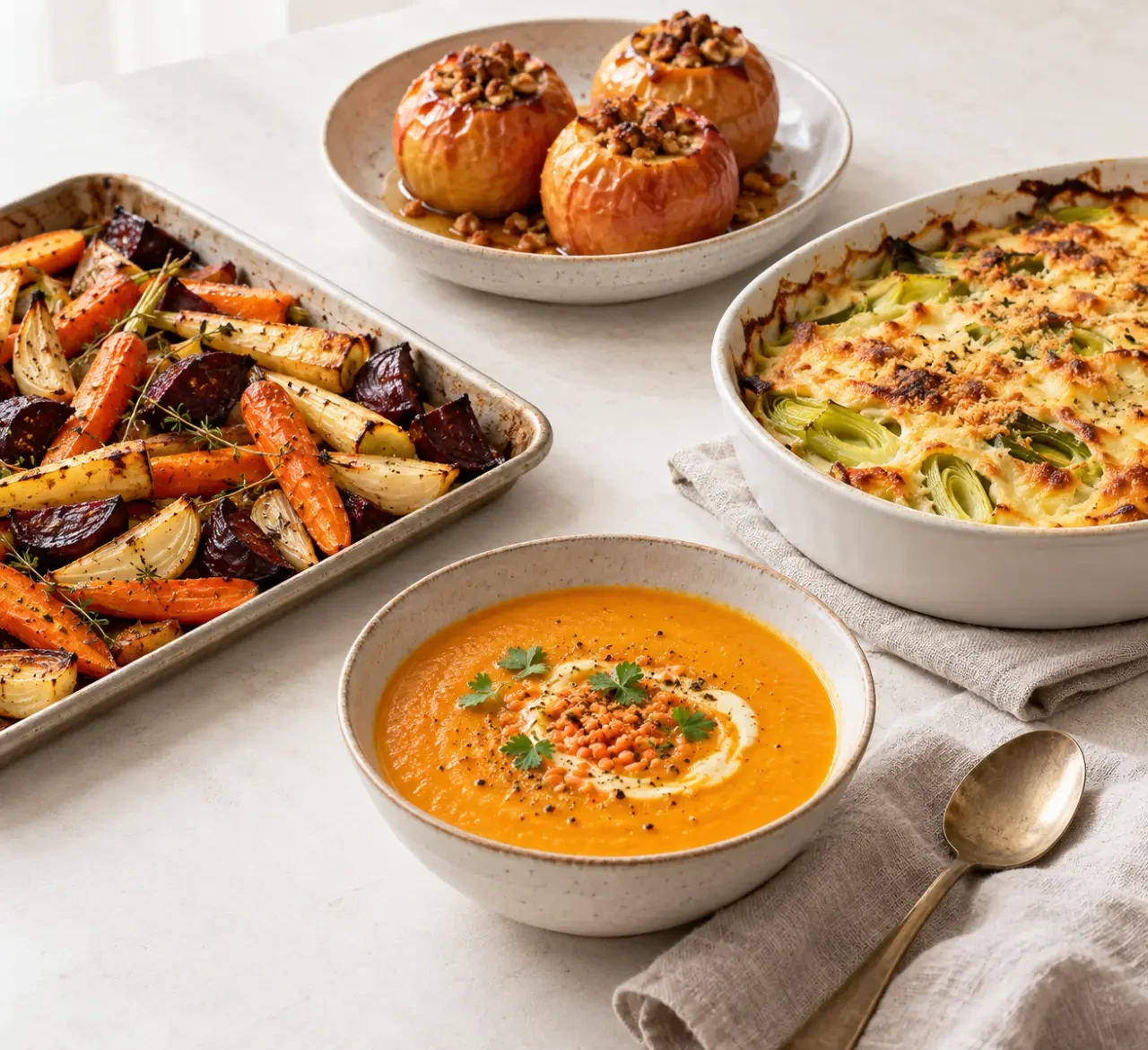 Idées recettes hiver avec soupe, gratin, légumes rôtis et pommes au four