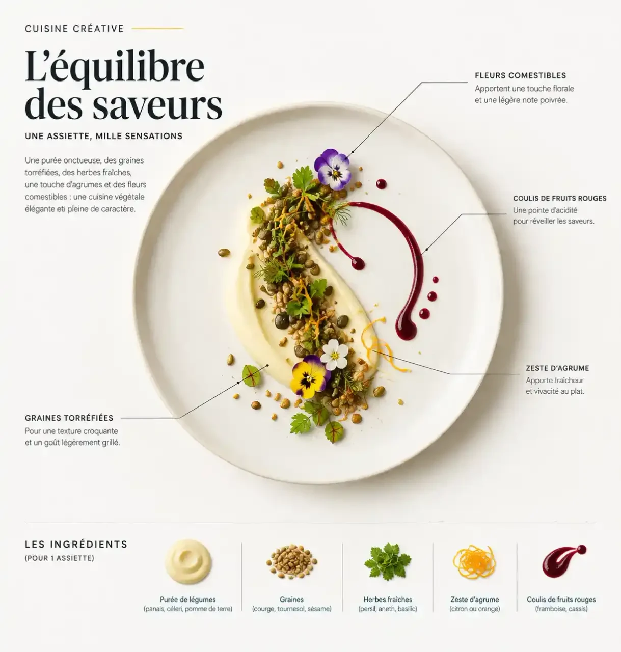 Assiette de cuisine créative avec dressage soigné : coulis décoratif, fleurs comestibles et textures contrastées